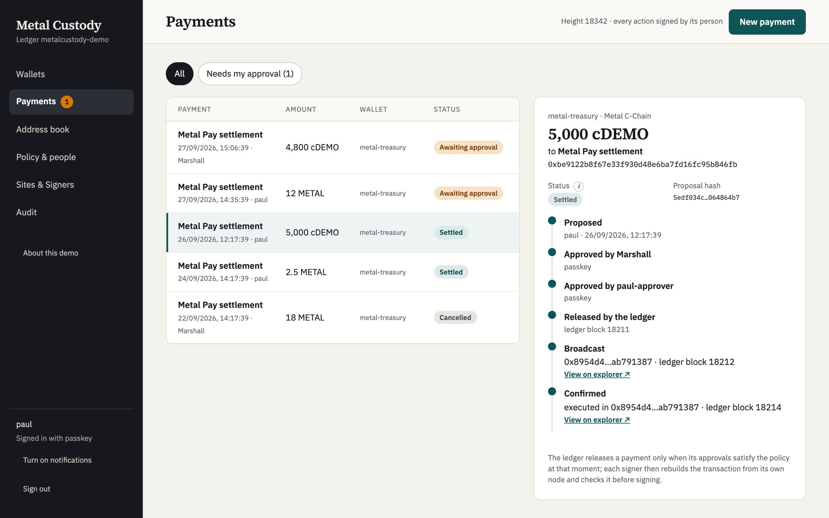A settled payment and its timeline: proposed, approved by passkey, released, broadcast and confirmed