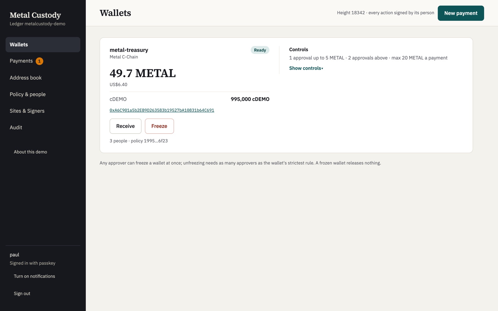 Metal Custody console: a treasury wallet on Metal C-Chain with its balance, token holdings and controls